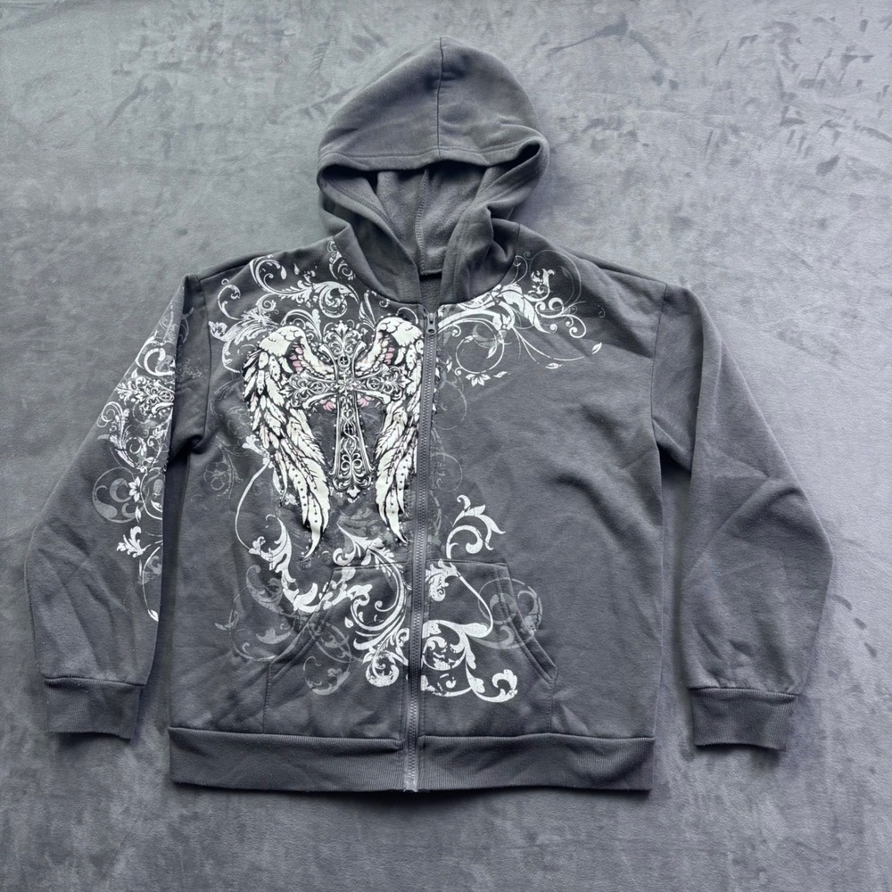 Romwe Y2K Gothic Angel Wings Cross Rhinestone Zip Up Hoodie Gray Medium